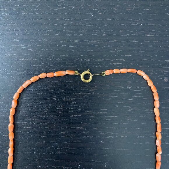 SOLD Vintage Angel Skin Coral Rice Style Beaded Necklace Carved Rose Pendant - Picture 6 of 10